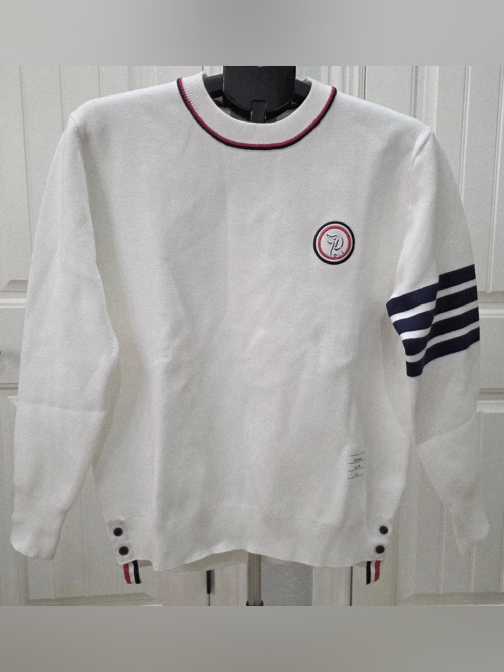 Thom Browne White Crewneck Sweater with Navy and Red Trim